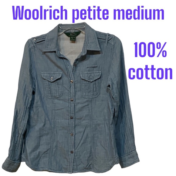 2/$40 M Petite Woolrich Chambray Pockets Epaulettes Button Shirt Lt Blue Medium - Picture 1 of 10